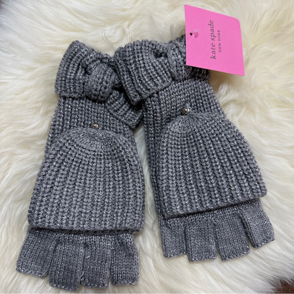 NEW Kate Spade New York Metallic Bow Pop-top Gloves Gray Shimmer